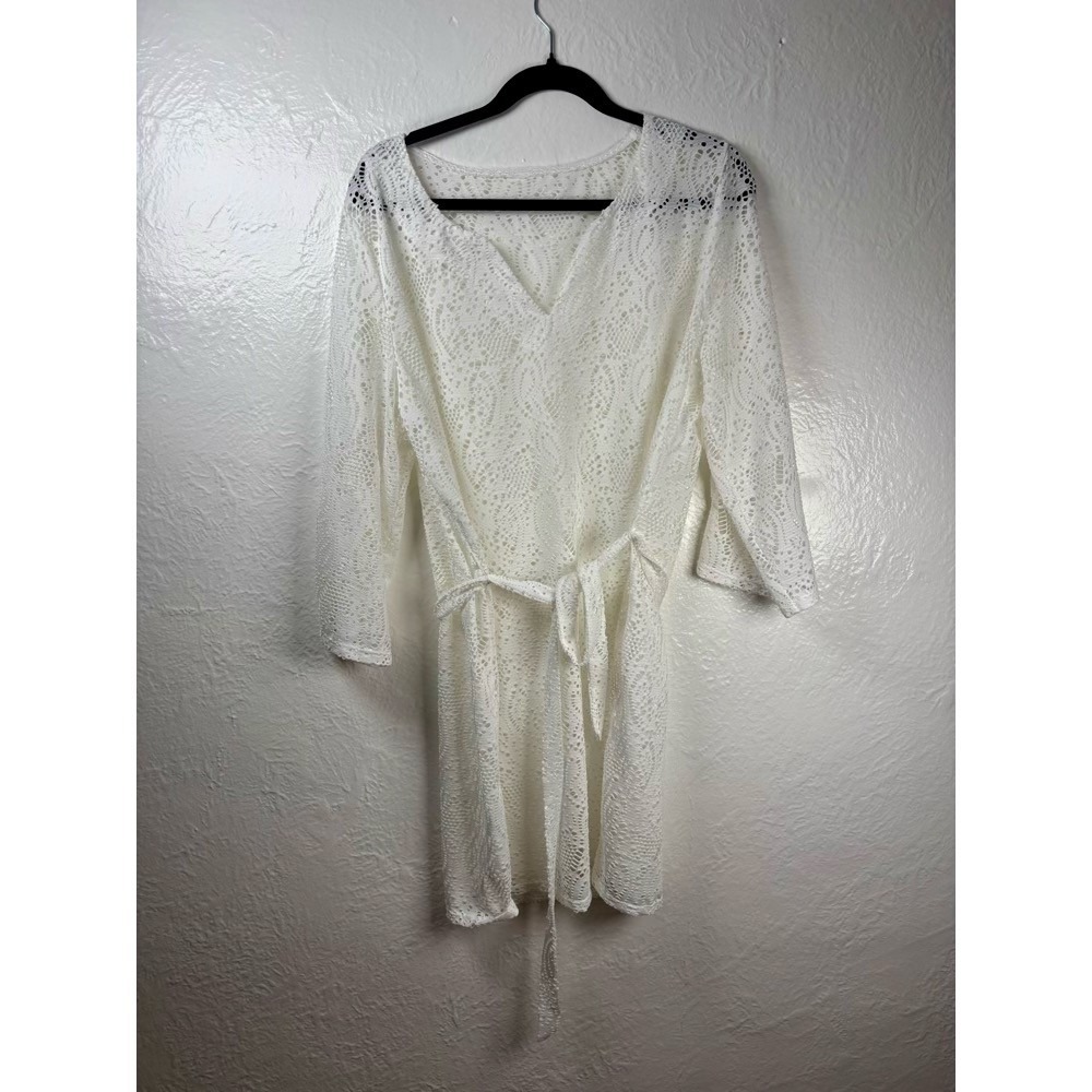 Crochet Lace Swim Cover Up Women Large White Boho Vacation Resortwear‎ Coastal